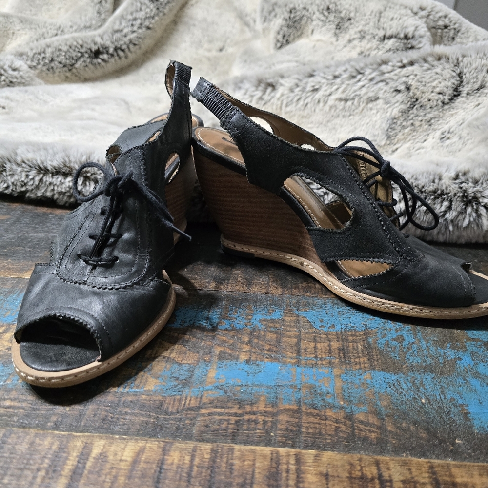 Elegant Black Leather Wedge Sandals